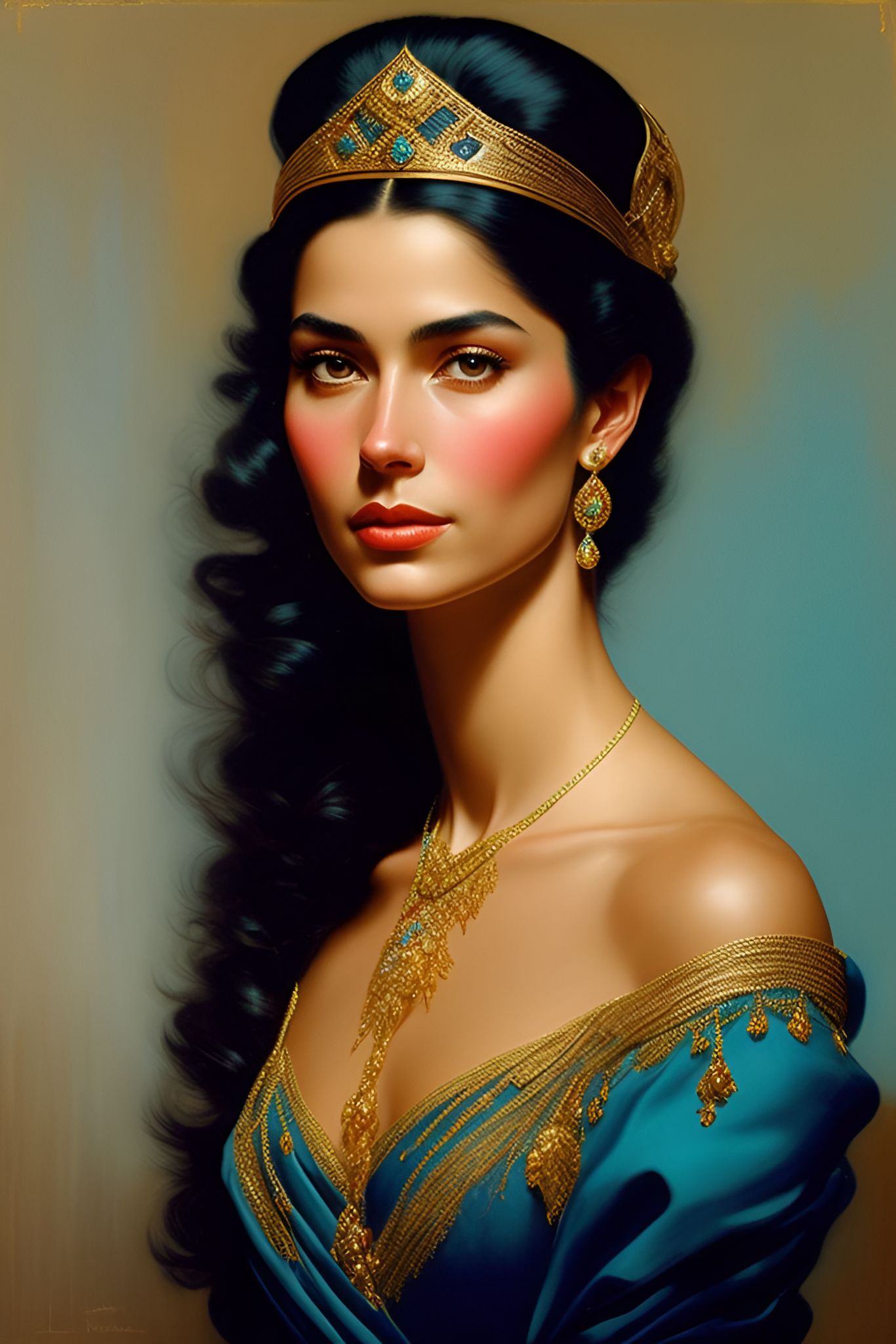 D&D portrait of, A young woman with tanned skin and long, dark hair, wears a golden tiara. Her eyes are big and dark. They are highlighted by their black eyebrows. She is elegant, slender and graceful, she wears traditional turquoise blue attire, adorned with golden jewels., fantasy d&d style, Rim lighting, perfect line quality, high pretty realistic quality oil painting, art by norman rockwell, Centered, dark outlines, perfect white balance, color grading, 16K, Dynamic pose, Sharp, Sharp edges