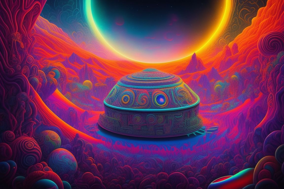 pastel-tapir406: a graphic artwork design inspired by Alex Grey, cg society  contest winner, psychedelic art, giant mayan aztec mythical spaceship,  psychedelic landscape, colorful alien flora, official artwork, greg  hildebrant, jim woodring, huichol