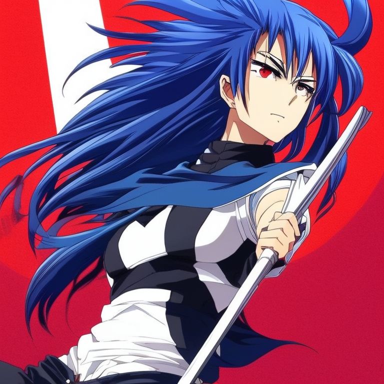 blue haired anime girl with sword
