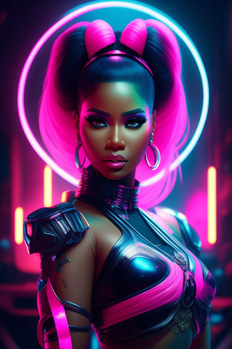 Nicki Minajist, with neon pink and blue lighting, Intricate details, Digital painting, Artstation, Concept art, Sharp focus, art by artgerm and greg rutkowski and syd mead.