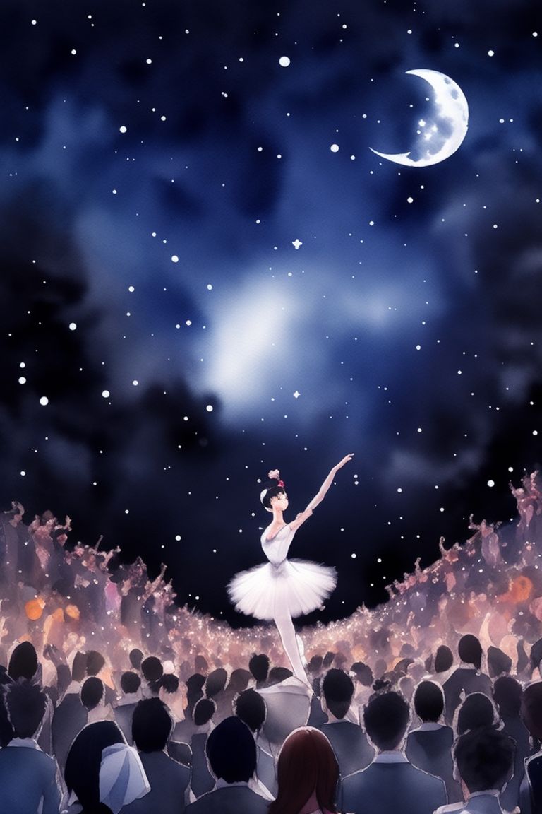 blind-deer920: anime style ballet dancer, with black hair playing cello, in  the night sky surrounded by crowd of people, the moon shining on the ballet  dancer standing on a stage, Full HD