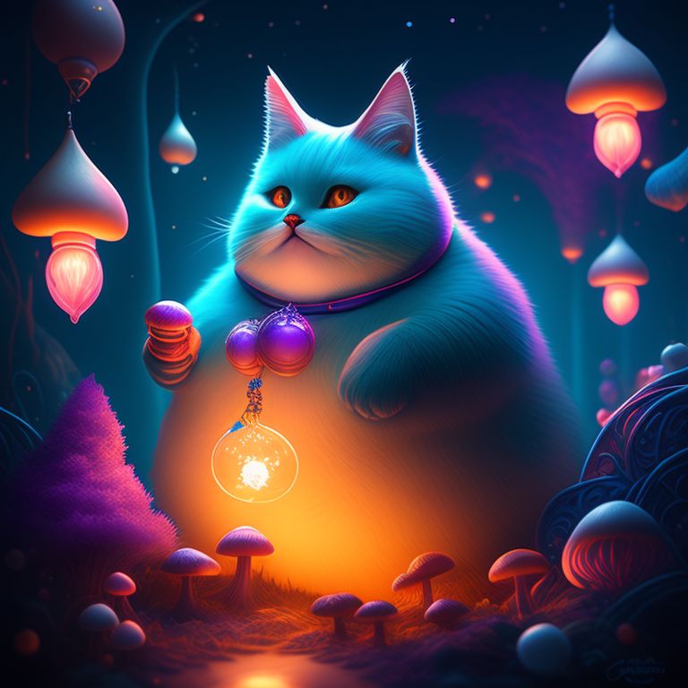 3d wizard obese orange cat conjures a spell in boots, , surrounded by glowing mushrooms, Whimsical, Highly detailed, Surreal, purple and teal lighting, Digital illustration, art by bobby chiu and loish, sparkling, Mystical, fairy tale, Trending on Artstation, magical realism.