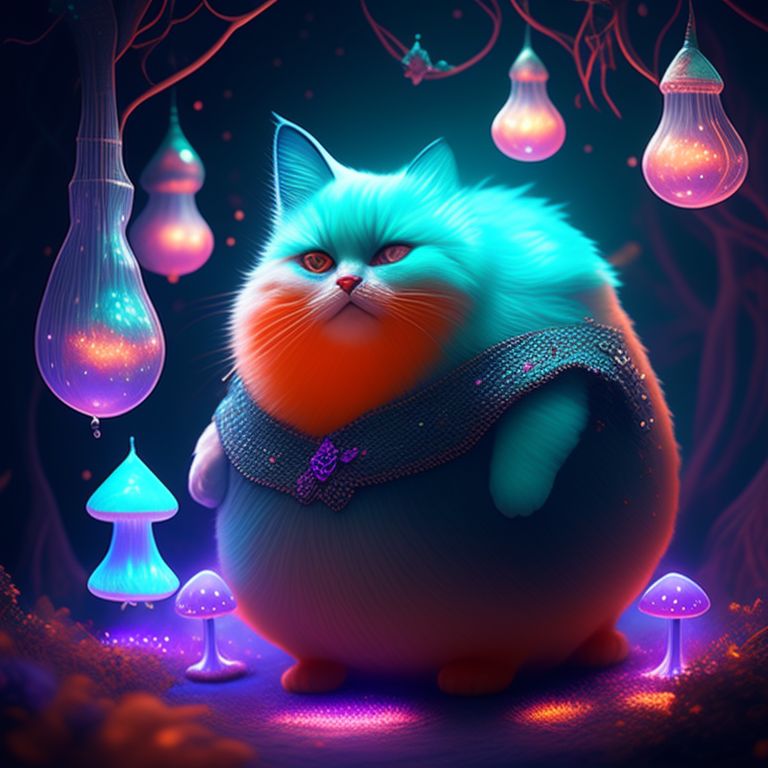 3d wizard obese orange cat conjures a spell in boots, , surrounded by glowing mushrooms, Whimsical, Highly detailed, Surreal, purple and teal lighting, Digital illustration, art by bobby chiu and loish, sparkling, Mystical, fairy tale, Trending on Artstation, magical realism.