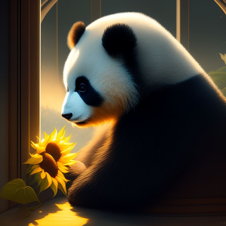 hasty-pigeon262: Panda Bear looking out a window at a sunflower
