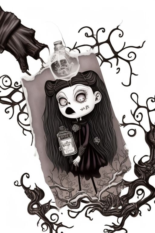 holding a vial of poison, surrounded by spooky vines and bats, Gothic style, dark lighting, Highly detailed, Digital painting, art by tim burton and edward gorey, trending on deviantart, Sharp focus., Cute kawaii art, wednesday tv series cartoon of wednesday
 addams, Sticker illustration, Featured on 99designs, High quality, Svg, Vector art