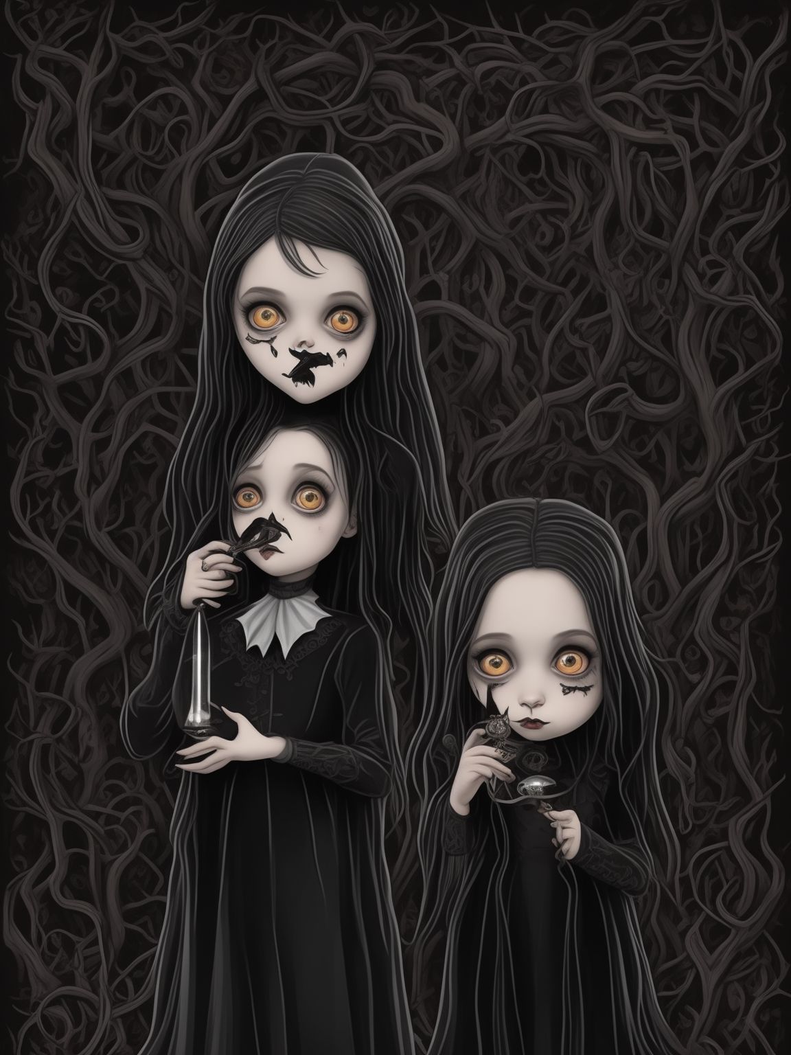 holding a vial of poison, surrounded by spooky vines and bats, Gothic style, dark lighting, Highly detailed, Digital painting, art by tim burton and edward gorey, trending on deviantart, Sharp focus., Cute kawaii art, wednesday addams, Sticker illustration, Featured on 99designs, High quality, Svg, Vector art