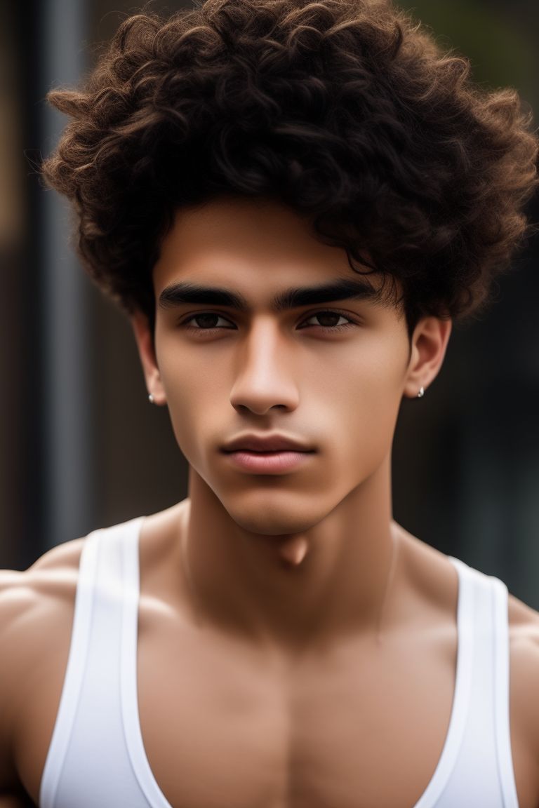 empty-boar388: A young man with attractive characteristics that make him  stick out in any crowd, a handsome beautiful curly hair mexican teenage boy  His toned body, tattoos,notably his abs, are highlighted (fullbody:1.5)