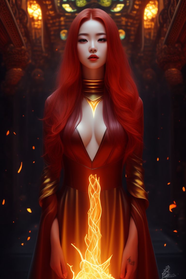 Merematrix Beautiful Woman Long Red Hair Standing In A Temple Lit By Light Glowing With 1350