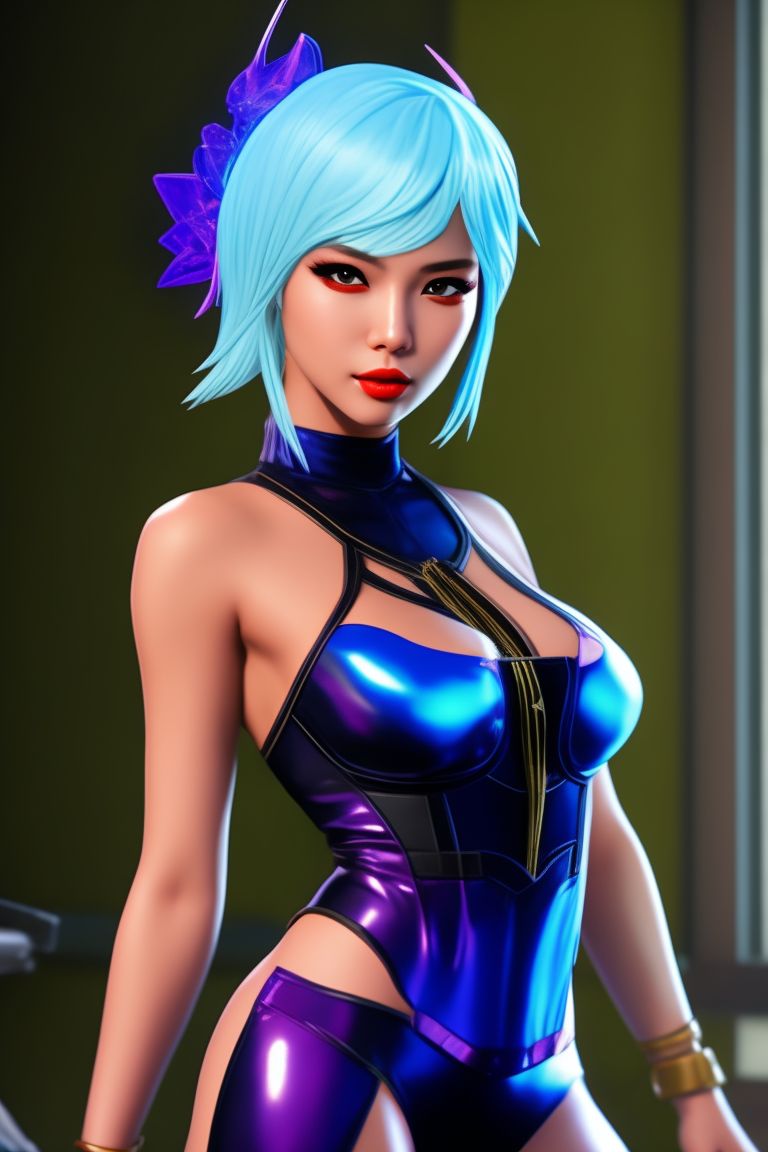 little: GTA V STYLE 28 year old girl,((full body shown)),white lady,looks  gorgeous,beautiful,slender,blue hair,orange lips,gold earrings,wears blue  shoulder armor made of Transparent green silicone, wearing a transparent  net top ninja style, wearing a