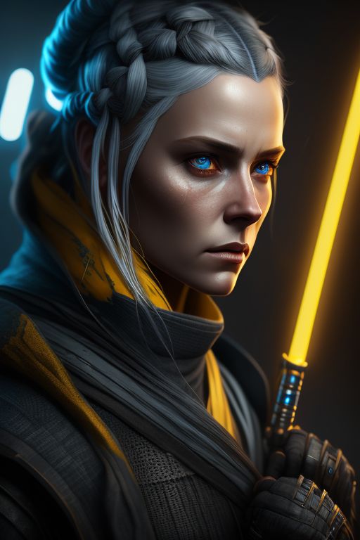 female grey jedi with a yellow lightsaber, braided white hair, blue eyes, low key lighting, Emotional, Intense, digitally painted, Artstation, by piotr fox wysocki, Concept art, Cinematic, Textured, Tragic, highly detailed.