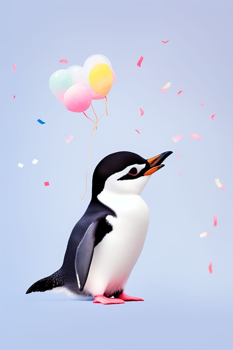Cute baby penguin holding balloon isolated on white background
