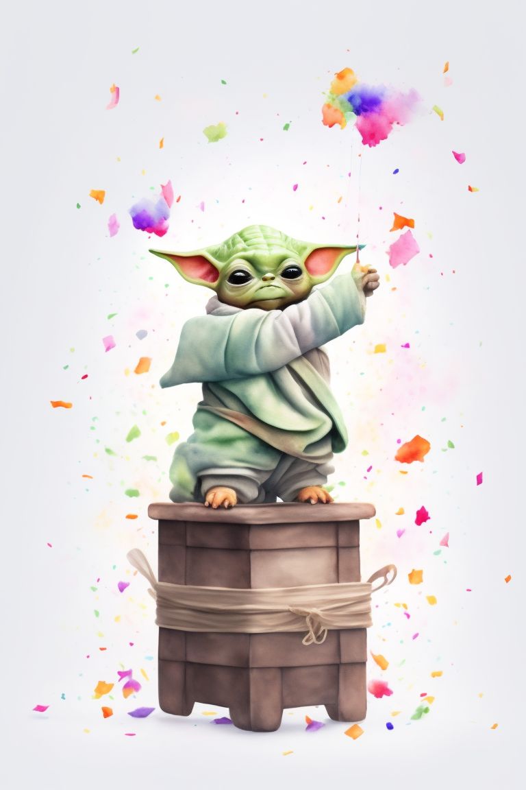 wiry-louse284: watercolor baby Yoda with trunk up in air and confetti  flying in air