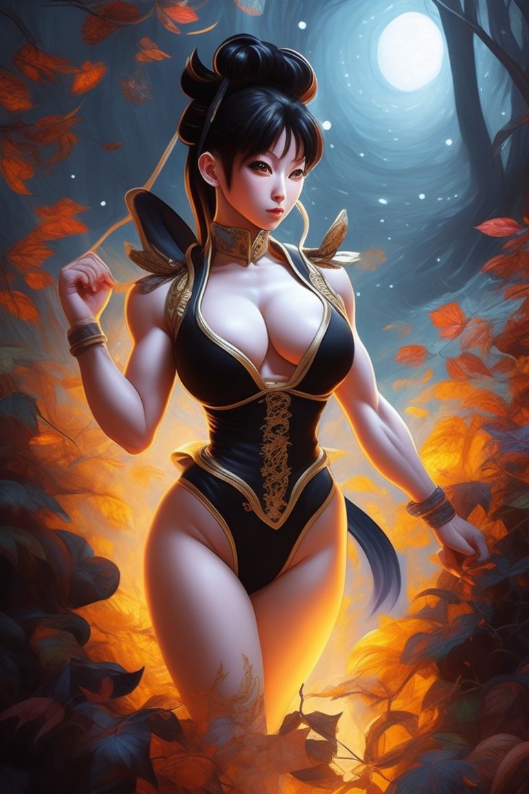 slimy-dugong872: ((Chun li Street Fighter)) in woods at night. Scary,  creepy, unnerving. Wide angle shot Head to legs,, surrounded by autumn  leaves, warm golden lighting, dreamlike haze, Nostalgic, Intricate, Digital  painting, Artstation,