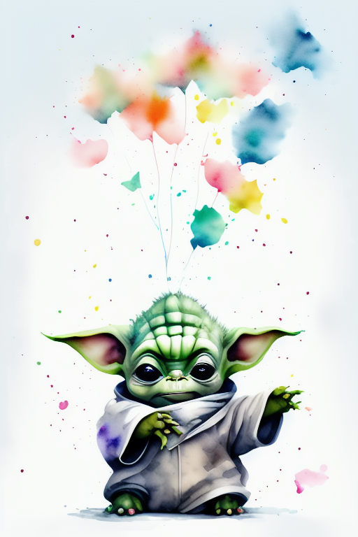 wiry-louse284: watercolor baby yoda with trunk up in air and confetti  flying in air