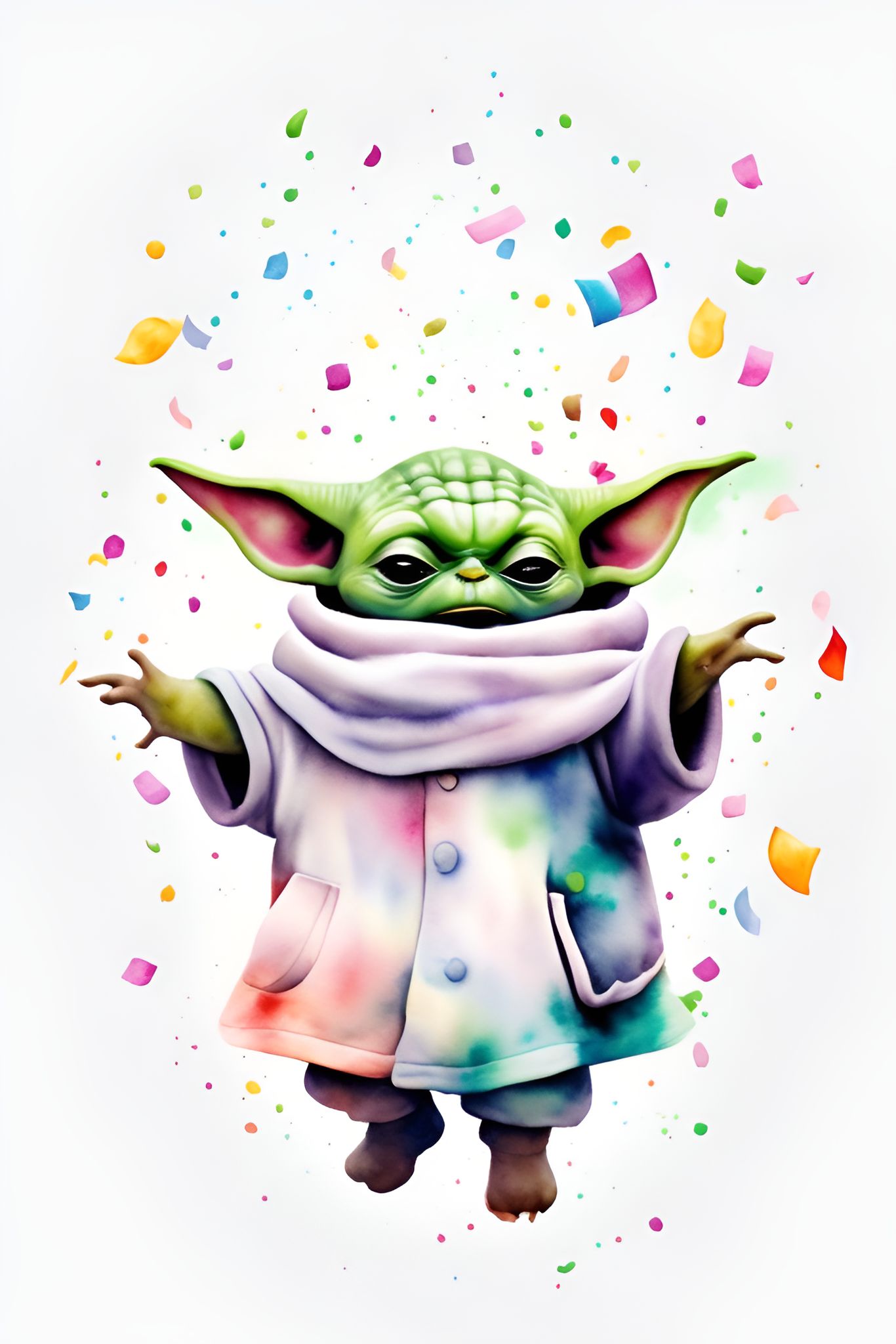 wiry-louse284: watercolor baby yoda with trunk up in air and confetti  flying in air