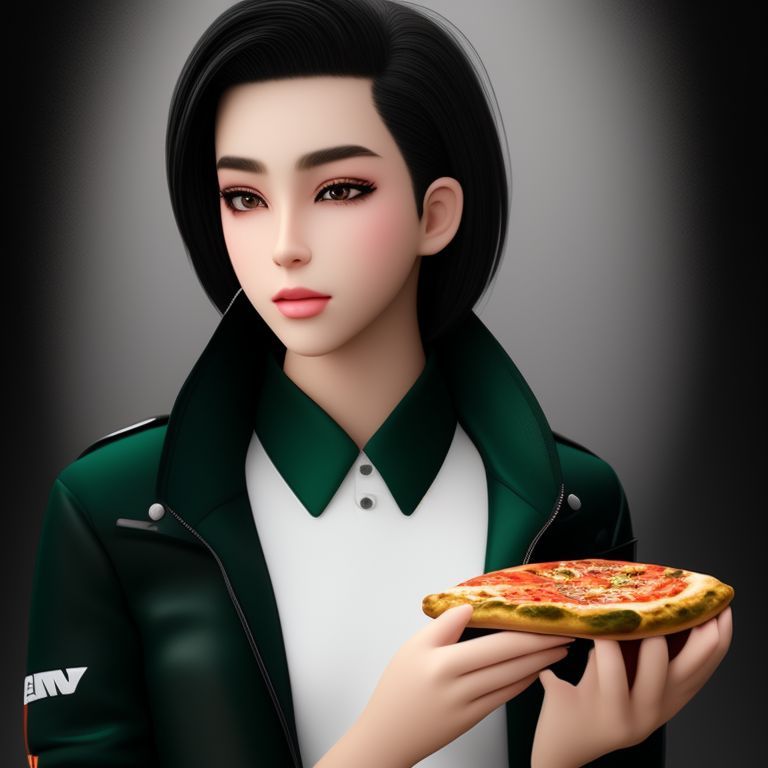 Hannalux: Femboy, tomboy, with feminine features holding a pizza