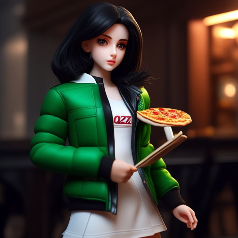 Hannalux: Femboy, tomboy, with feminine features holding a pizza piece,  wears a black and white green jacket, no gender, no binarie, androgine, geek