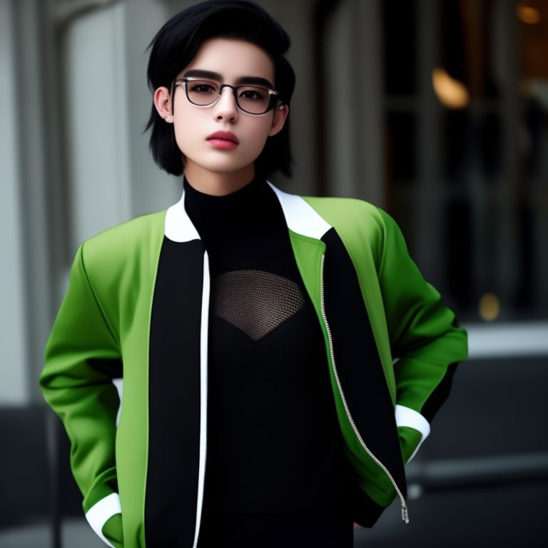 Hannalux: Femboy, tomboy, with male featurers, wears a black and white  green jacket, no gender, no binarie, androgine, geek