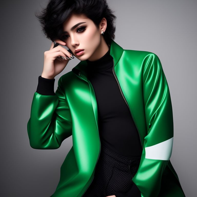 Hannalux: Femboy, tomboy, with male featurers, wears a black and white  green jacket, no gender, no binarie, androgine, geek