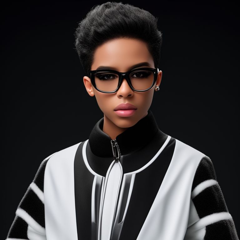 Femboy, tomboy, with male featurers, wears a black and white green jacket, no gender, no binarie, androgine, geek, ebony