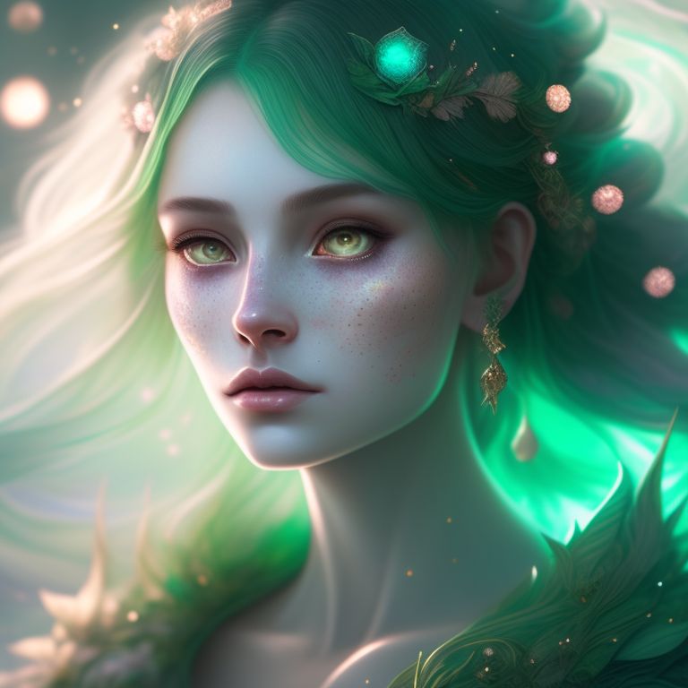 Dryad, green and white color theme, surrounded by celestial beings, with shimmering light all around her, Ethereal, Magical, Highly detailed, Pastel colors, Digital painting, Artstation, trending, Concept art, Sharp focus, art by loish and sakimi chan and wingedlight and daekazu., Woman looking scared, Freckles