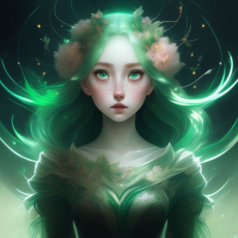 Kit-Fox: Dryad, green and white color theme, pointy ears, nature, trees