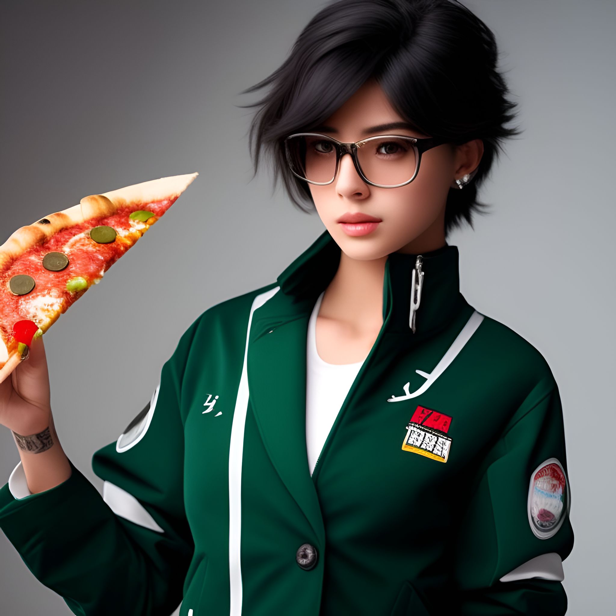 Hannalux: Femboy, tomboy, with feminine features holding a pizza piece,  wears a black and white green jacket, no gender, no binarie, androgine, geek