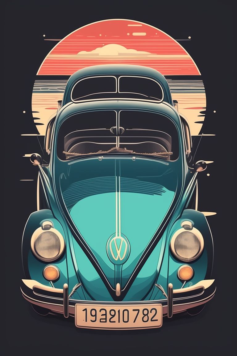 TiagoADM: magnificent realistic cartoon art, centralized logo for t-shirt  print, super detailed antique black VW Beetle, beach, sea, ocean, summer,  cyberpunk splash colors, plain white background