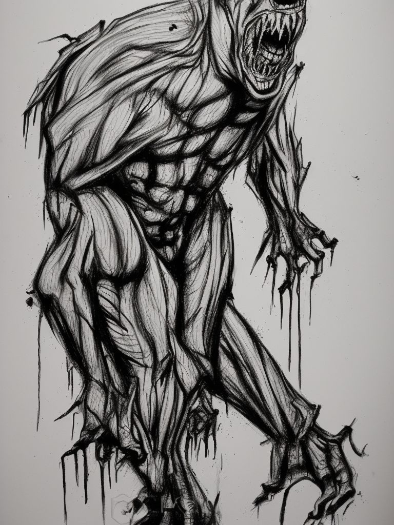 Sketch, Black and white, scary monster pose, sticky goo dripping, sketch-like style, A lot of depth, Sharp detail, Drawing, menacing and ominous mood, horror genre., Dark art