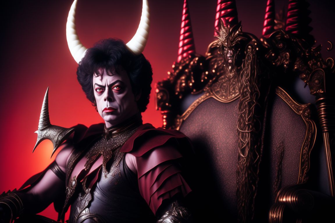 good-salmon826: Tim Curry as Darkness from the 1985 movie Legend sitting on  a throne holding a unicorns horn