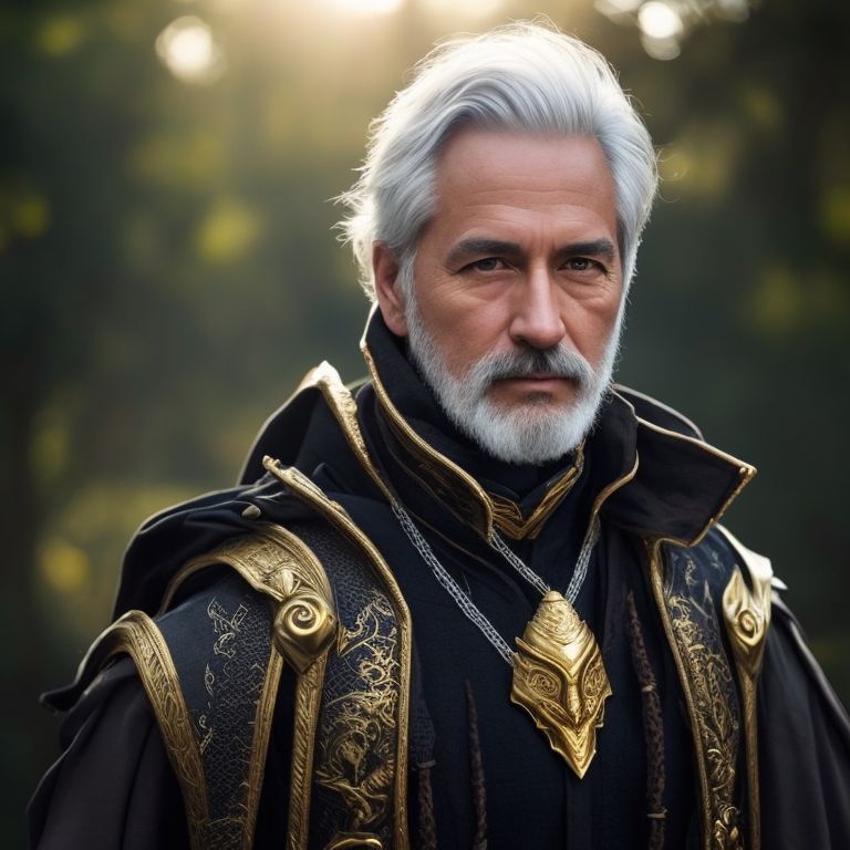 photography taken by canon eos r5, Older Male Dragon Rider Ranger. He has gold dragon eyes. Silver hair with a hint gold kept neatly in a half ponytail and a short beard. Gold dragon companion., wears very look good outfit, standing, Detailed face, beautiful eyes and hair, flawless bright skin, soft makeup and draw thin eyebrows, Human-like eyes, good anatomy, Perfect white balance, Sun lighting