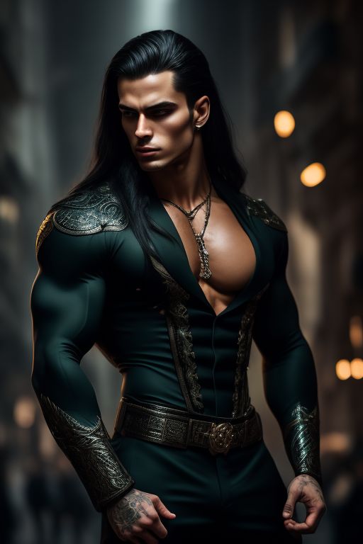 Desna Muscular Man Long Black Hair Jade Green Eyes Wearing Suit Long Hair Fantasy Digital Art