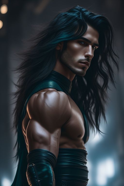 Desna: muscular man, long black hair, teal iris, teal eyes, wearing ...