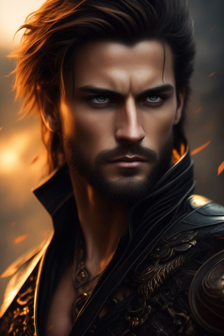 DanteHaiwindo: young, red yellow eyes, brown hair, sea y hair, leather ...