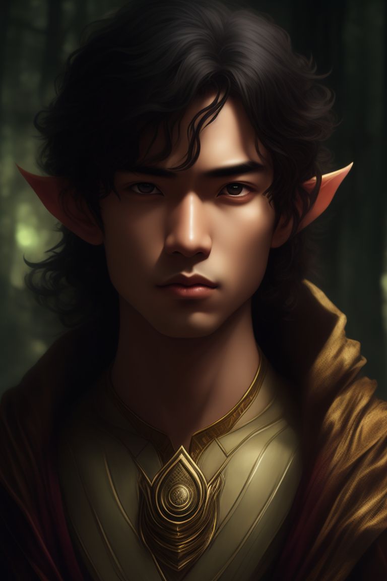 young male elf, alone in darkness, middle of the wood, closeup, dark wild curly hair, golden brown eyes, medival clothing, cloak around shoulders, gentle, worried expression, tanned skin, pointed ears, asian, Art by Sana Takeda, Art by Stanley Artgerm Lau, Art by Genzoman, Art by BlushySpicy, Art by Stjepan Sejic, Art by Citemer Liu, Art by wlop, Art by NeoArtCorE, Art by J Scott Campbell, Art by Phil Noto, Art by Alex Ross, Art by Derrick Chew, High resolution, High quality, Comic, 8k, Comic book character, Comic book
