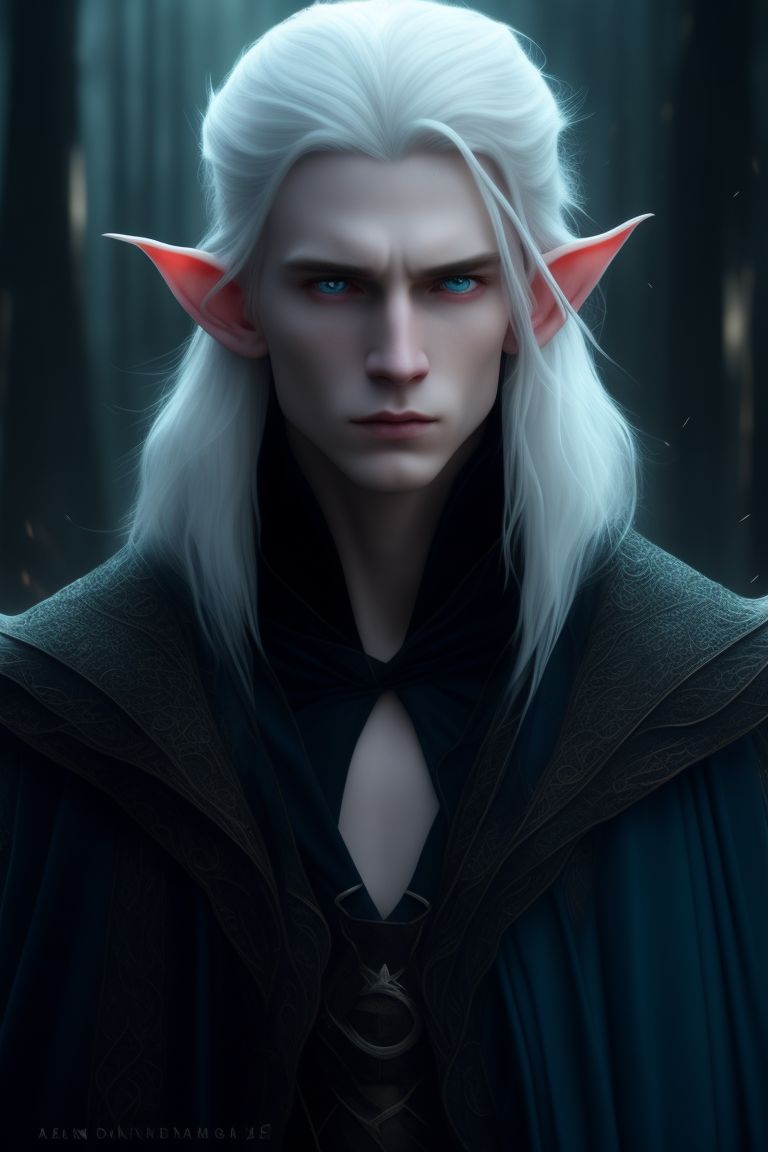 newstingray84 elf male, pale skin, long silver hair, deep blue eyes, long cloak, pointed ears