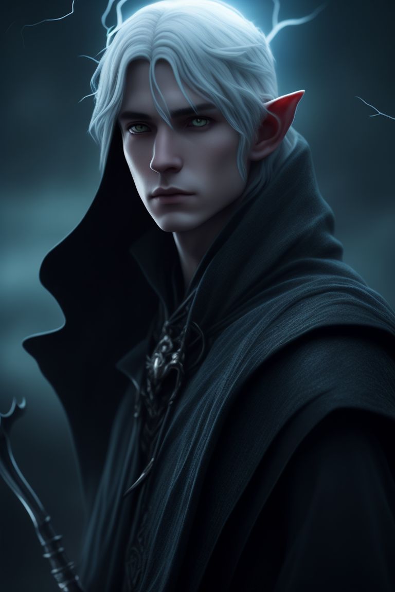 elf male, pale skin, long gray hair, dark blue eyes, long cloak, pointed ears, worried, sad, illuminated by the moon, sword, whispering to themselves, with lightning in the background, Moody, Dark, Highly detailed, Smooth, Sharp focus, trending on artstation. art by lois van baarle and ross tran and rossdraws and sam yang and samdoesarts and artgerm.