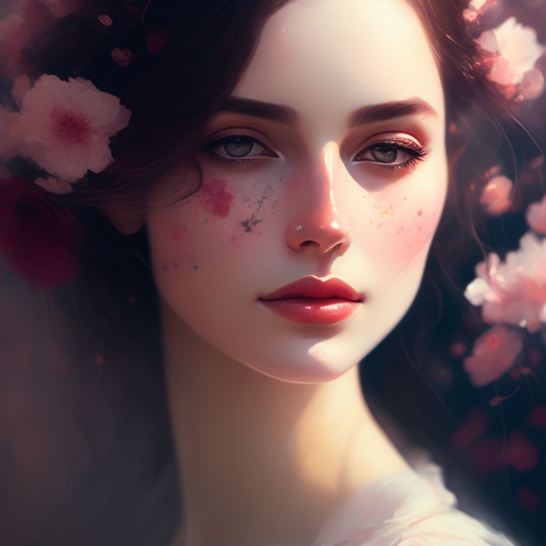studious-ape198: elegant painterly close-up portrait of a lady with flowers