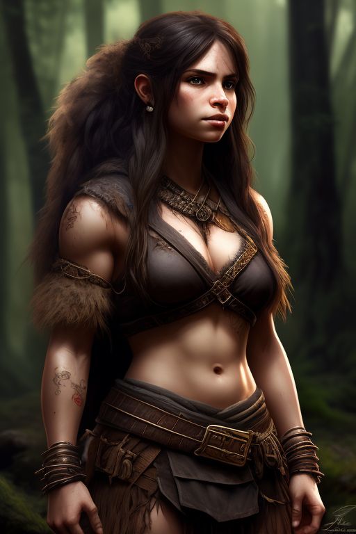 halfling female barbarian, Barefoot, long hair, Beautiful, Dirty, Unkempt, Forest background, dnd character portrait, Full body, Dnd, Fantasy, Dark lighting, Highly detailed, Digital painting, Artstation, Sharp focus, Short, Brown hair, Halfling, One person, Single woman, Tribal, Tribal armor