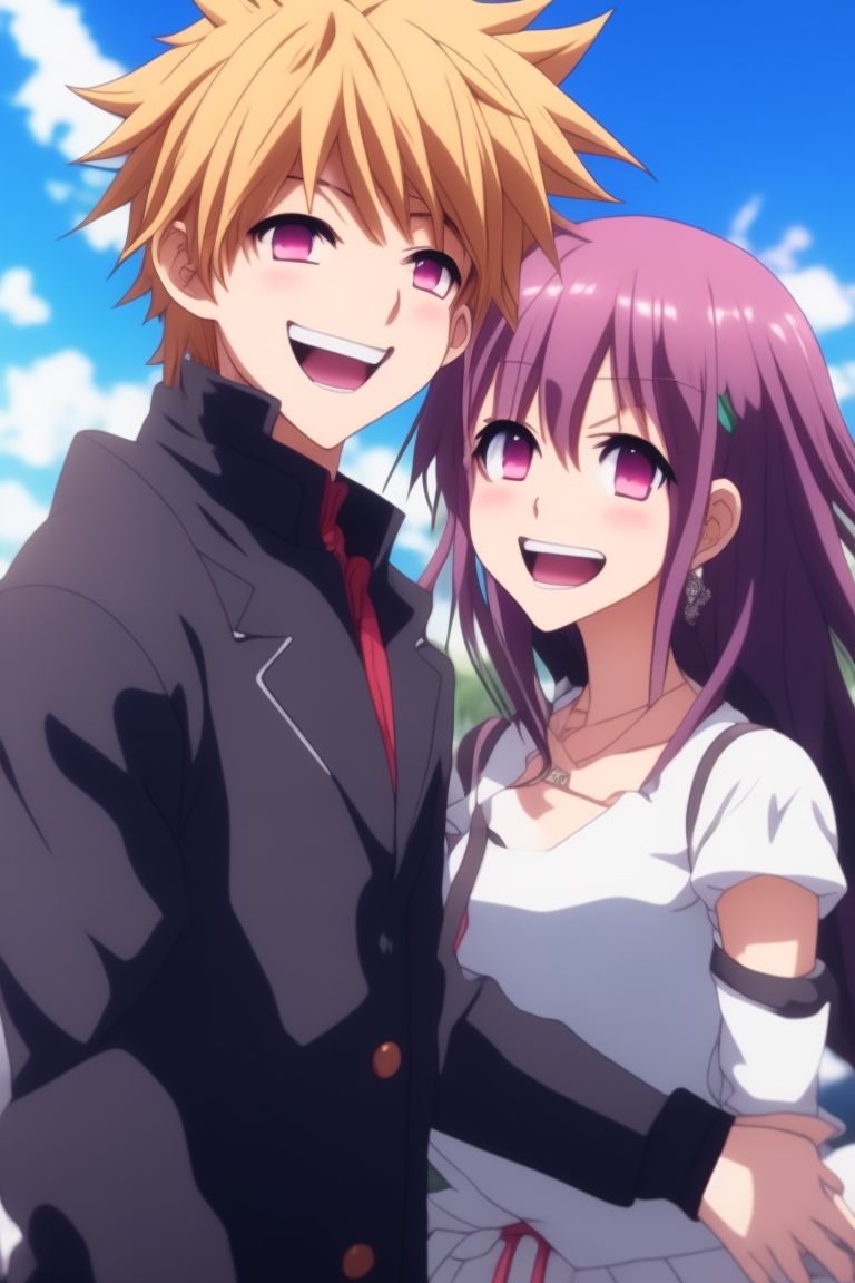 upright-gaur321: anime boy, anime girl, laughing, hands air, smiling