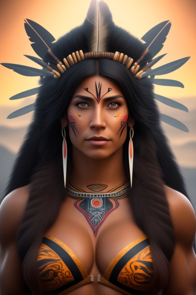 native american goddess, bella coola, nuwalk, Warrior, qamaits , adult warrior , native american goddess, bella coola, qamaits ,muscles, nuwalk, Warrior ,face paint , native tattoos , athletic, strong , attractive goddess, Realistic, Perfect face, Cute, stunning landscape  background illustration concept art anime key visual, color manga style, trending on pexels