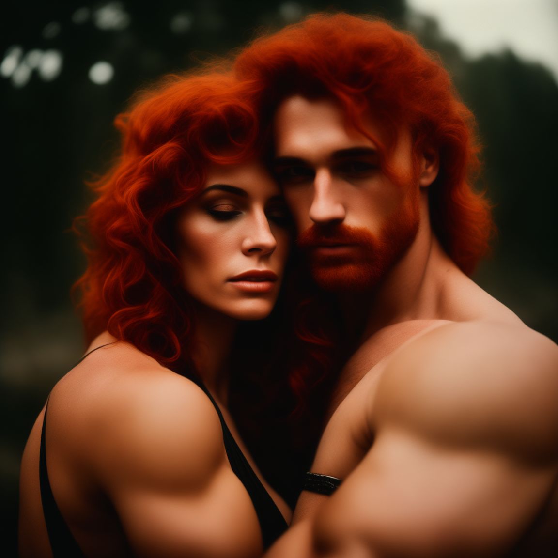 even-magpie737: A couple with the woman being a redhead and a dark,  muscular man. Hugging in a sensual position