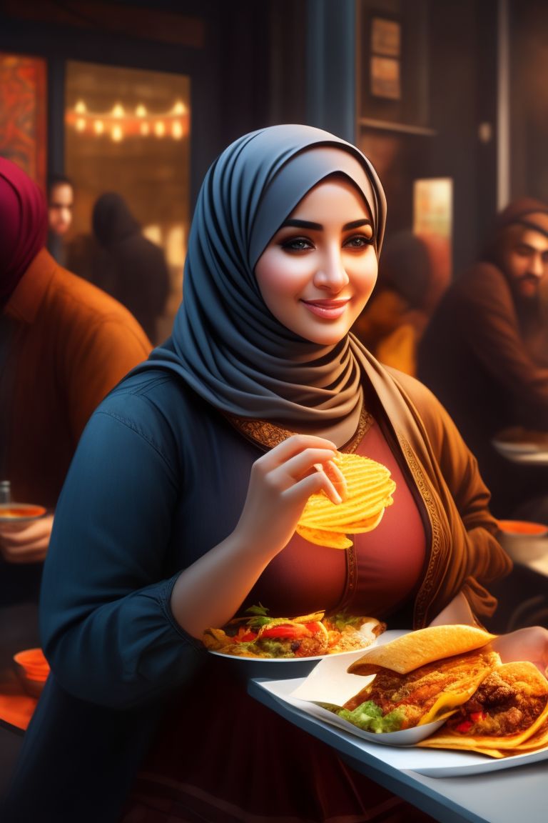 slow-eagle471: Hijab not covered all hair female dress jeans and long  sleeve shirt and pretty Arab face in office Full body curvy with big breast  and eats taco, eating a burger, the