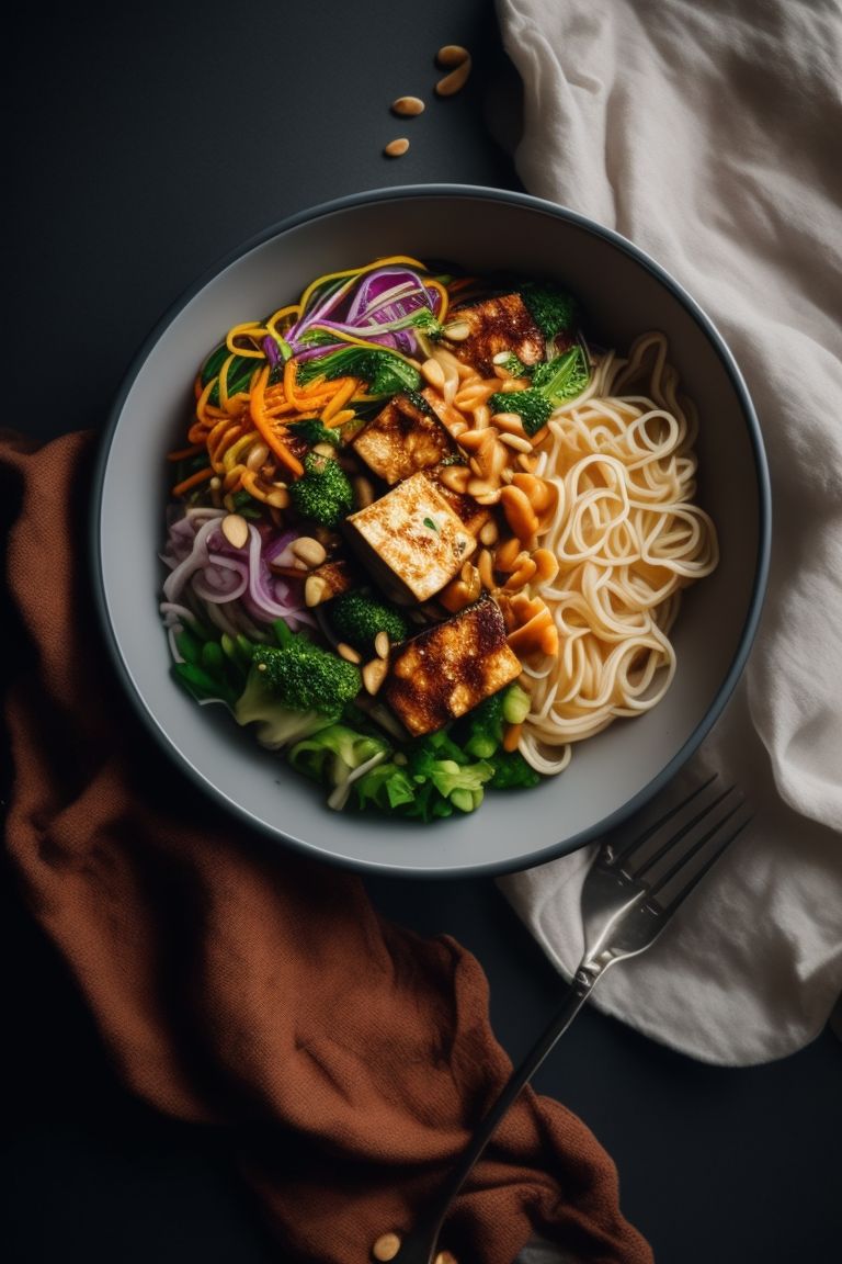 worse-fox250: Rainbow Noodle Bowl: A colorful and nutritious bowl of noodles  with sautéed veggies, tofu, and a creamy peanut sauce.