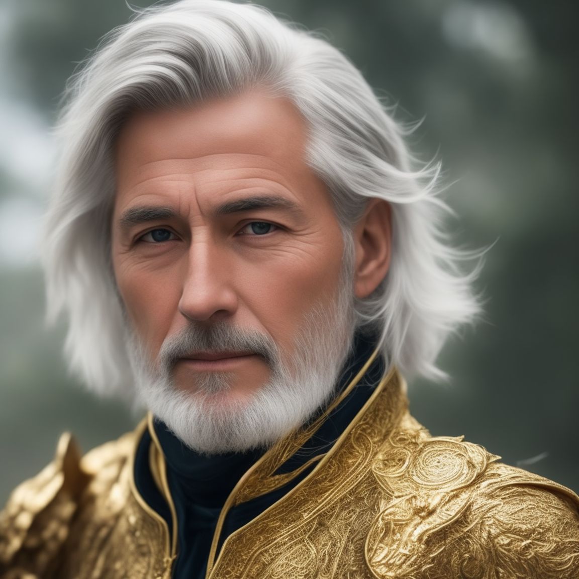 photography taken by canon eos r5, Older Male Dragon Rider Ranger. He has gold dragon eyes. Silver hair with a hint gold kept neatly in a half ponytail and a short beard. Gold dragon companion., wears very look good outfit, standing, Detailed face, beautiful eyes and hair, soft makeup and draw thin eyebrows, Human-like eyes, good anatomy, Blemishes, age spots, Perfect white balance, Liver spots, sun damaged skin, Freckles