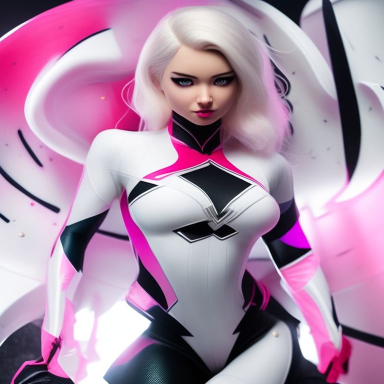 posed photo, This stunning artwork features Spider-Gwen wearing her signature superhero suit, which is primarily white and pink with some black accents. The suit's intricate design is fully detailed, accentuating her curves and contours in a beautiful and realistic way. With her short hair cascading down to her shoulders, Spider-Gwen looks about 23 years old in this portrait. The warm and vibrant color tone, perfect white balance, and sharp details give the image a cinematic quality that evokes the look and feel of 16mm film, complete with film grain. Shot with an Alberto prime lens on a Canon EOS R6, the image captures the natural light of the golden hour, creating a sensual and summery atmosphere. This hyper-detailed full body portrait showcases the beauty and strength of Spider-Gwen, without her mask. Created by talented artists Magali Villeneuve and Artgerm, this artwork is a masterpiece with super-resolution and ultra-realistic qualities that make it stand out. The use of advanced technology, such as UHD, HDR, and high resolution, creates a stunning visual experience that is both award-winning and impressive. This full body portrait captures every intricate detail, from the sharp edges of her suit to the smoothness of her skin, creating a hyper-realistic representation of Spider-Gwen in all her glory., Cinematic, Photography, Sharp, Hasselblad, Dramatic Lighting, Depth of field, Medium shot, Soft color palette, 80mm, Incredibly high detailed, Lightroom gallery, Fun, Whimsical depiction, Painting, artistic, Realistic, Airbrushed gradient, Anime, Sharp edges, Wide anime eyes, anime aesthetic, realistic human skin