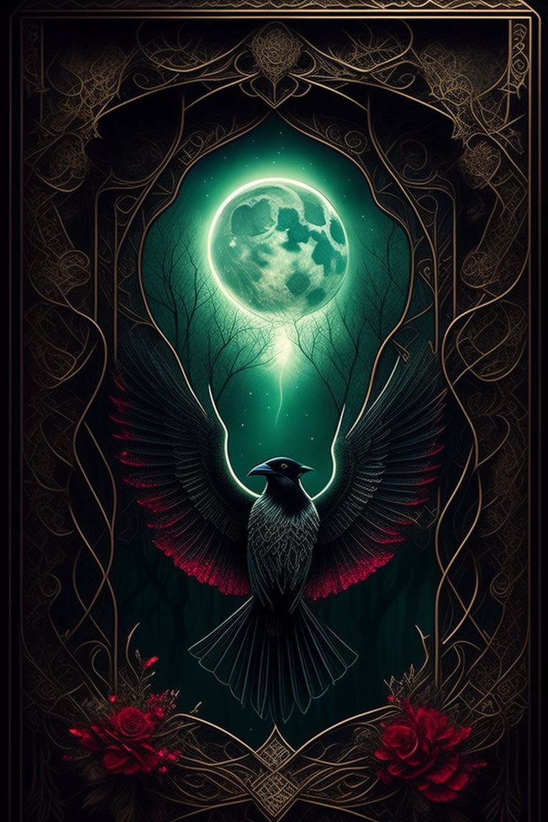 Ornate, Intricate details, black raven on magical book of shadows, red green, glitter, Beautiful eyes, magic witchcraft, gothic style, hyper-realistic fantasy art, Digital illustration, forest scene, moon scene