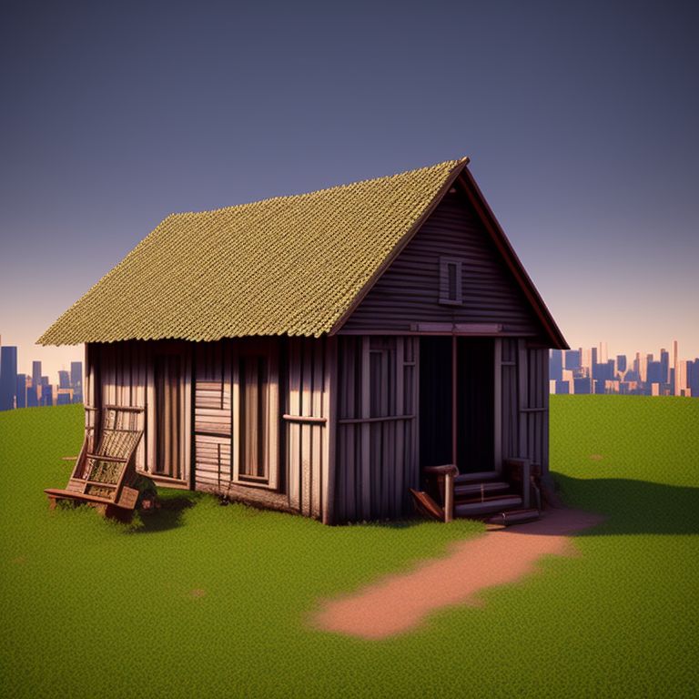 purpleeel490 Old hut in the middle of big city 3D render 3D, high
