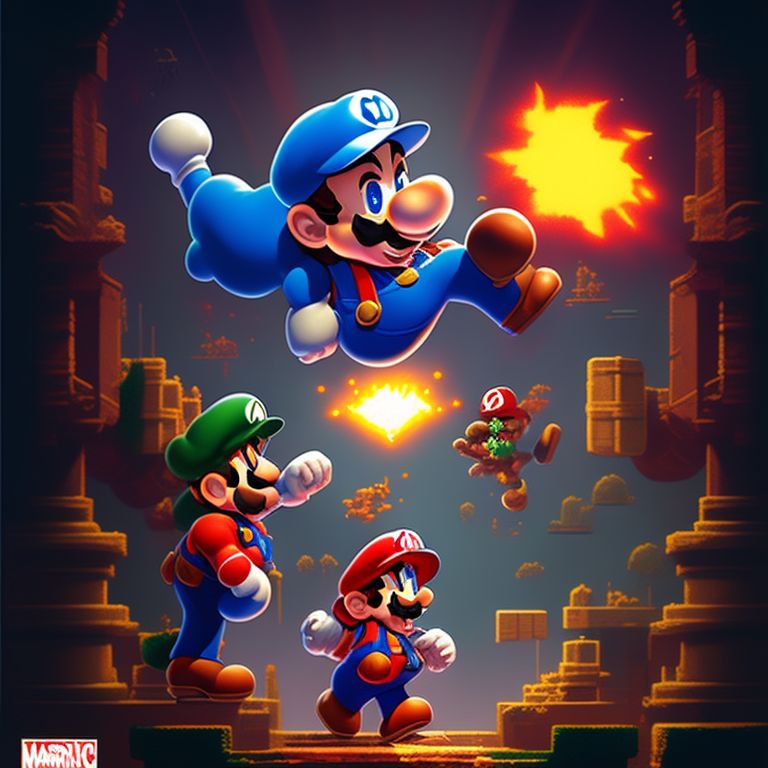 super mario bro, epic fight scene, Dynamic lighting, comic book style, Highly detailed, Trending on Artstation, art by greg rutkowski and stanley lau and marc sasso, Pixel art, 8-bit, Retro, Nostalgic, mario-themed weapons and power-ups