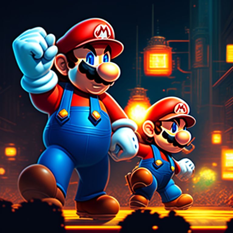 super mario bro, epic fight scene, Dynamic lighting, comic book style, Highly detailed, Trending on Artstation, art by greg rutkowski and stanley lau and marc sasso, Pixel art, 8-bit, Retro, Nostalgic, mario-themed weapons and power-ups